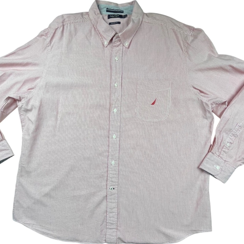 Nautica Mens XXL Classic Fit Red White Striped Button Down Shirt Cotton